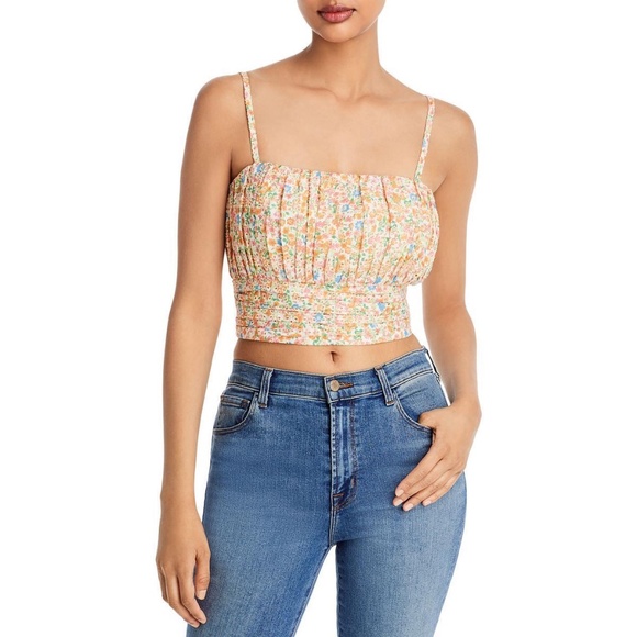 Aqua Tops - Aqua Womens Floral Print Cropped Eyelet Blouse Shirt